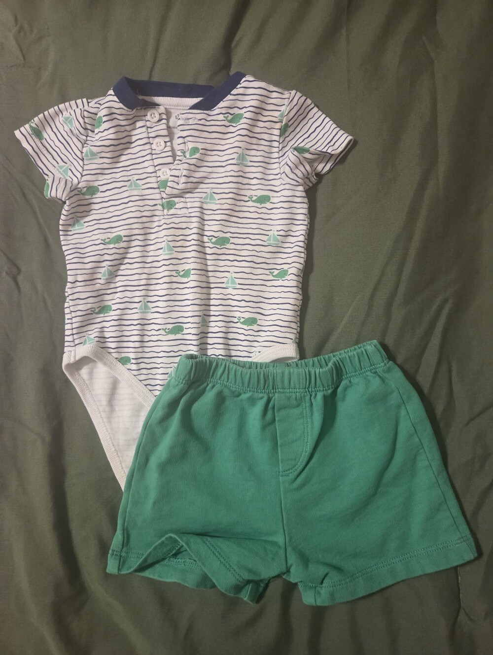 Little Me White Navy Striped Polo with Green Nautical Motifs